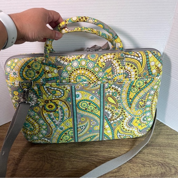 Vera Bradley Green Yellow Teal Gray Brown Paisley Labtop Bag - Picture 9 of 17